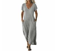 Vestidos de lino para mujer, vestido de verano del Reino Unido, manga corta, elegante, casual, cuello en V, para vacaciones, playa, vestido camisero, vestido de color sólido, holgado, transpirable