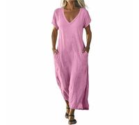 Vestidos de lino para mujer, vestido de verano del Reino Unido, manga corta, elegante, casual, cuello en V, para vacaciones, playa, vestido camisero, vestido de color sólido, holgado, transpirable