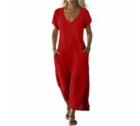 Vestidos de lino para mujer, vestido de verano del Reino Unido, manga corta, elegante, casual, cuello en V, para vacaciones, playa, vestido camisero, vestido de color sólido, holgado, transpirable