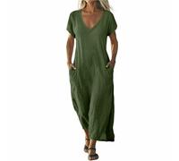 Vestidos de lino para mujer, vestido de verano del Reino Unido, manga corta, elegante, casual, cuello en V, para vacaciones, playa, vestido camisero, vestido de color sólido, holgado, transpirable