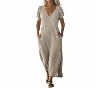 Vestidos de lino para mujer, vestido de verano del Reino Unido, manga corta, elegante, casual, cuello en V, para vacaciones, playa, vestido camisero, vestido de color sólido, holgado, transpirable