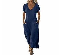 Vestidos de lino para mujer, vestido de verano del Reino Unido, manga corta, elegante, casual, cuello en V, para vacaciones, playa, vestido camisero, vestido de color sólido, holgado, transpirable