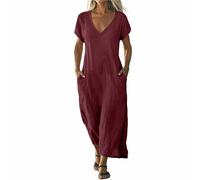 Vestidos de lino para mujer, vestido de verano del Reino Unido, manga corta, elegante, casual, cuello en V, para vacaciones, playa, vestido camisero, vestido de color sólido, holgado, transpirable