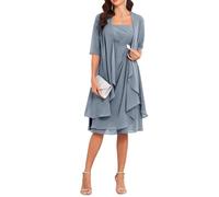 Vestidos de madre de la novia con chaqueta, 2 piezas, media manga, longitud hasta la rodilla, vestido de gasa para madre y novio, Dusty Azul, 42