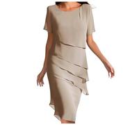Vestidos de Madre de la Novia para Mujeres, Reino Unido, Vestido Midi de Gasa Capas con Mangas Cortas, Vestidos Elegantes para Mujeres Mayores, Reino Unido, Ideal para Bodas o Eventos Formales, caqui