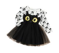 Vestidos de manga larga de malla de dibujos animados gato Halloween fiesta traje para niño pequeño vestido de, Blanco, 5-6 años