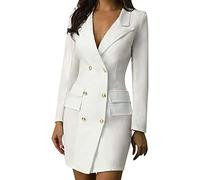 Vestidos de Mujer Botón Frontal con Cuello en V Chaqueta de Doble Botonadura Militar Largo Vestido de Mujer de Doble Capa Chaqueta de Punto Chaqueta Abrigo Gabardina (Blanco,L)