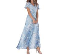 Vestidos de mujer Swing Vestido largo de gasa con estampado floral de manga corta con volantes con cuello en V cintura de moda vestido fluido Vesti, azul, L
