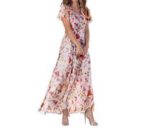 Vestidos de mujer Swing Vestido largo de gasa con estampado floral de manga corta con volantes con cuello en V cintura de moda vestido fluido Vesti, Rosa., XXL