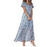 Vestidos de mujer Swing Vestido largo de gasa con estampado floral de manga corta con volantes con cuello en V cintura de moda vestido fluido Vesti, azul, L