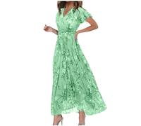 Vestidos de mujer Swing Vestido largo de gasa con flores de manga corta con volantes con cuello en V a la moda cintura vestido fluido vestidos, verde, S