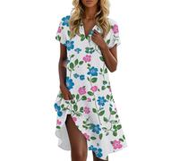 Vestidos De Mujer Verano, Vestido Playa Mujer Vestidos De Elegantes Vestido Elegante Manga Corta con Cuello En V Y Estampado Floral para Camisero Verano hasta La Rodilla Túnica Corte A con Bolsillos