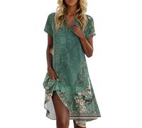 Vestidos De Mujer Verano, Vestido Playero Mujer Vestidos De Primavera Vestido Vintage con Estampado Floral Cuello Redondo Y Manga Corta con Bolsillos Camisero Midi Verano Bohemio Playa Túnica Corte A