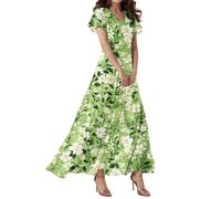 Vestidos De Mujer, Vestido Ceremonia Mujer Vestidos De Cocktail Elegantes Vestido Largo Elegante Manga Corta con Cuello En V Y Estampado Floral para Estilo Bohemio Ideal para La Playa Ligero Corte A