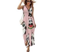 Vestidos De Mujer Vestidos con Volantes Osos Panda Y Sandía Vestido Sin Mangas Vestido con Cuello En V