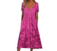 Vestidos De Mujer, Vestidos para Mujer 2026 Manga Corta Estampado Floral Lazo Redondo Botones Vestido Largo Recto con Bolsillo