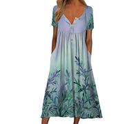 Vestidos De Mujer, Vestidos para Mujer 2026 Manga Corta Estampado Floral Lazo Redondo Botones Vestido Largo Recto con Bolsillo