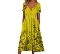 Vestidos De Mujer, Vestidos para Mujer 2026 Manga Corta Estampado Floral Lazo Redondo Botones Vestido Largo Recto con Bolsillo