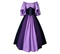 Vestidos De Navidad Carnaval Estilo Maxi Vintage Medieval para Mujer, Manga Acampanada Corta Vestido Celta De Empalme para Cosplay, Renacentismo, Princesa GóTica, Baile De Graduación(G Violeta,XXL)