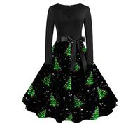 Vestidos de Navidad para mujer elegantes - vestidos festivos para mujer, cuello en V, rockabilly, manga larga, vestido de Nochevieja, con dobladillo grande, plisado, vestido maxi, vestido de fiesta