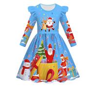 Vestidos de Navidad para niños, vestido de manga larga para niñas, vestido de invierno de Navidad, cuello redondo, mangas voladoras, vestidos con estampado divertido, vestido de noche Merry Christmas