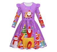 Vestidos de Navidad para niños, vestido de manga larga para niñas, vestido de invierno de Navidad, cuello redondo, mangas voladoras, vestidos con estampado divertido, vestido de noche Merry Christmas