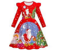 Vestidos de Navidad para niños, vestido de manga larga para niñas, vestido de invierno de Navidad, cuello redondo, mangas voladoras, vestidos con estampado divertido, vestido de noche Merry Christmas