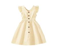 Vestidos de niña 2026 Vestido Casual de Verano para Niñas Sin Mangas Una Línea Botón Down Down Volantes Vestidos De Rayas Vestidos De Color Sólido Largo Vestido De Princesa Blanca, marrón, 3-4 años