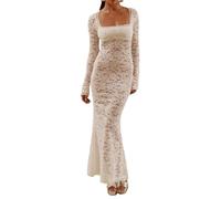 Vestidos de Noche Largos para Mujer Vestido Floral de Encaje con Cuello Cuadrado y Manga Larga-Blanco-S