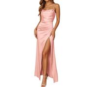 Vestidos de noche para mujer, de satén, tirantes delgados, vestidos de dama de honor, elegante, con abertura alta y realce la cintura, negro profundo, suave, línea A, vestido largo para bodas, galas