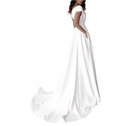 Vestidos de novia con mangas de princesa, vestido de boda para damas, vestidos de novia línea A largos de encaje, vestido de novia civil para damas largo sencillo de tul con escote en V, Blanco 4, L