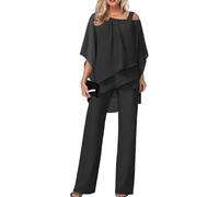 Vestidos de Novia Transpirables de Dos Piezas de Primavera y otoño para Mujer Traje de Trabajo para Fiesta de Boda Traje Informal de Gasa Irregular Conjunto de Pantalones Anchos (Negro,XL)
