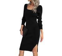 Vestidos de otoño para mujer 2025 para mujer, vestido de suéter cruzado con cuello cuadrado, vestido de punto acanalado, elegante y ajustado, Negro, XXL