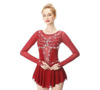 Vestidos De Patinaje Artístico De Manga Larga For Niñas, Cuello Redondo, Trajes De Competición De Patinaje Artístico Sobre Hielo, Uniformes De Equipo(Red,3XS)
