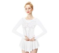 Vestidos De Patinaje Artístico De Manga Larga For Niñas, Cuello Redondo, Trajes De Competición De Patinaje Artístico Sobre Hielo, Uniformes De Equipo(White,3XL)