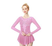 Vestidos De Patinaje Artístico De Manga Larga For Niñas, Cuello Redondo, Trajes De Competición De Patinaje Artístico Sobre Hielo, Uniformes De Equipo(Rosa,3XL)
