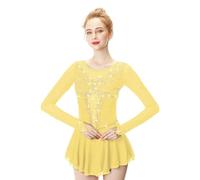 Vestidos De Patinaje Artístico De Manga Larga For Niñas, Cuello Redondo, Trajes De Competición De Patinaje Artístico Sobre Hielo, Uniformes De Equipo(Yellow,3XS)