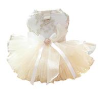 Vestidos de perro champán para perros pequeños con anillo de correa y decoración de lazo, vestido de boda de lujo para perro con falda tutú de princesa multicapa, vestido bordado de flores de gato (M)