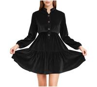 Vestidos de terciopelo para mujer, a la moda, casual, cuello con botones, manga larga, vestido vintage de terciopelo, acampanado, elegante, vestido de cóctel, fiesta de noche, hasta la rodilla, Negro