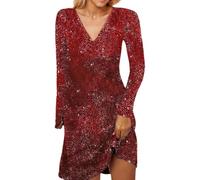 Vestidos de Terciopelo para Mujer para Nochevieja Vestido Brillante LíNea A Vestido de Lentejuelas Manga Larga A la Altura de la Rodilla Escote en V Elegante Suave Festivo