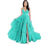 Vestidos de tul con volantes, vestido largo con cuello en V, vestido formal de fiesta de noche con abertura, turquesa, XXL