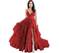 Vestidos de tul con volantes, vestido largo con cuello en V, vestido formal de fiesta de noche con abertura, rojo vino, M