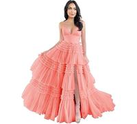 Vestidos de tul con volantes, vestido largo con cuello en V, vestido formal de fiesta de noche con abertura, coral, 4XL