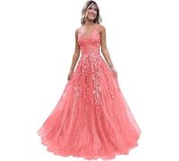 Vestidos de tul para adolescentes, con apliques de encaje, vestido de baile, elegante, tirantes delgados, cuello en V, vestido de noche de princesa, coral, 6XL Grande