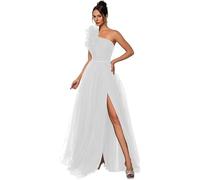 Vestidos de tul para baile de graduación, con un hombro descubierto, largo y sin siete, acampanado, abertura lateral con bolsillos, vestidos de noche, blanco, L