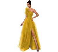 Vestidos de tul para baile de graduación, con un hombro descubierto, largo y sin siete, acampanado, abertura lateral con bolsillos, vestidos de noche, dorado, L