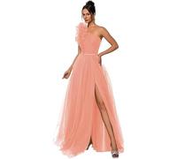 Vestidos de tul para baile de graduación, con un hombro descubierto, largo y sin siete, acampanado, abertura lateral con bolsillos, vestidos de noche, coral, L