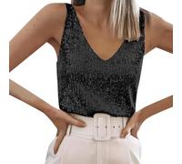 Vestidos de verano 2026 Mujer Lentejuelas Escote en V Camiseta sin Mangas Brillante Vestido de Noche con Tirantes, Negro , XL