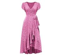 Vestidos de verano con cuello en V, cintura y manga abombada, vestido estampado grande, hot pink, M