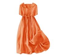 Vestidos de verano con solapa y botones para mujer, estilo vintage, color liso, casual, con lazo, manga tres cuartos, vestidos largos a la moda, elegantes vestidos bohemios, naranja, Small